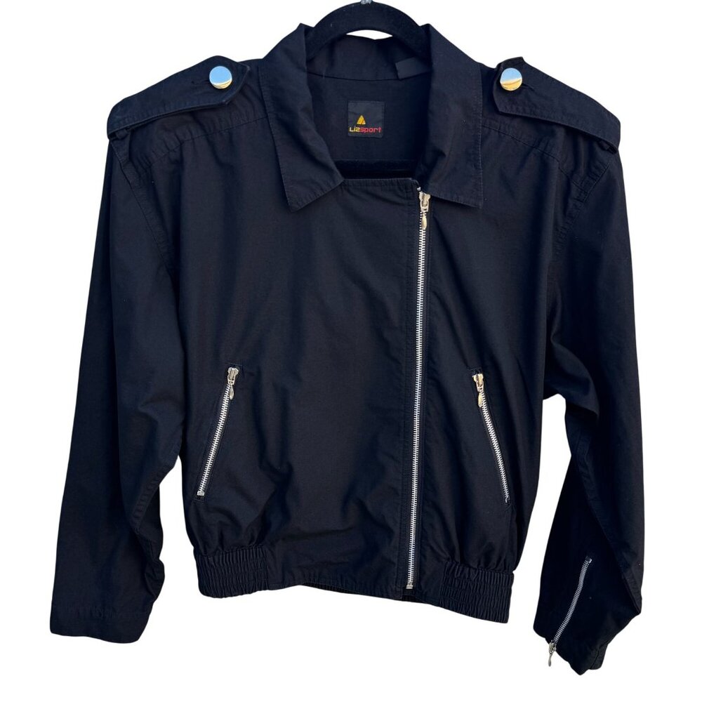 Lizsport Vintage Black Cropped Bomber Biker Jacket Zippers Oversized‎ Epaulets L